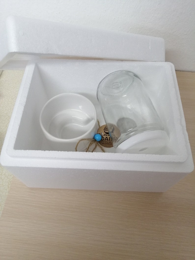 May include: A white polystyrene box containing a white ceramic mug, a clear glass jar, and a small wooden tag with the text "DAISY CERAMIC" on it.