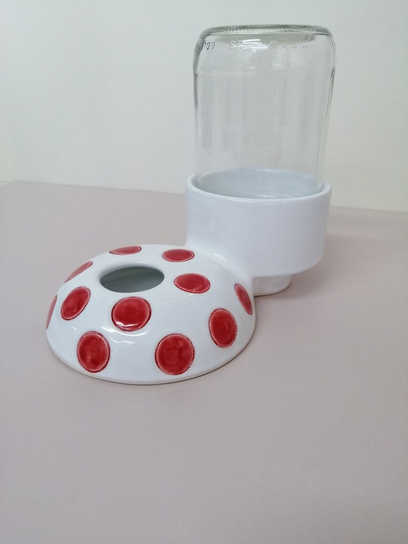 May include: White ceramic pet feeder with red polka dots and a clear glass jar for water or food.