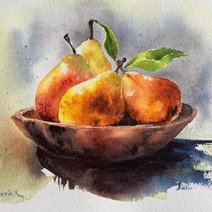 Dipinto ad acquerello originale, natura morta di pere in toni caldi, "Dolce semplicità"
