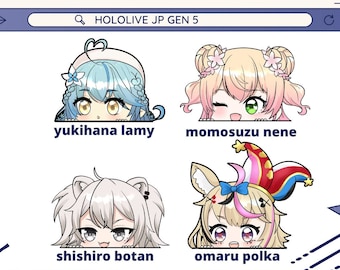 May include: A digital illustration featuring four anime-style characters, each with unique hairstyles and expressions. The image is set against a blue grid background with a search bar that reads "HOLOLIVE JP GEN 5".