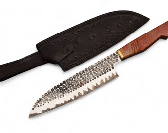 Couteau de chef fait main en acier au carbone, couteau de cuisine japonais santoku forgé, couteau de cuisine tout usage avec manche en résine et étui en cuir