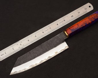 Couteau de chef fait main en acier au carbone, couteau de cuisine japonais santoku forgé, couteau de cuisine tout usage avec manche en résine et étui en cuir