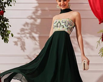 Embroidered Strapless Ethnic Maxi Dress With Dupatta For Women, Indian Dress, Indo Western Outfit, Indian Gown, Wedding Guest Outfit