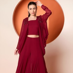Embellished Crop Top With Palazzo & Shrug Set For Women, Indian Dress, Ethnic Indo Western Outfit, Coords Set, Wedding Guest Outfit