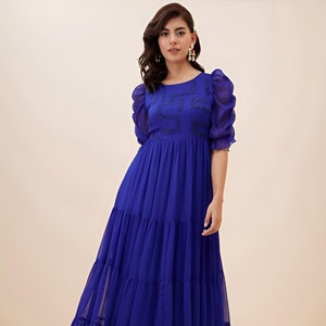 Embellished Layered Fit and Flare Maxi Dress For Women, Indian Dress For Women, Indo Western Outfit, Maxi Dress For Women