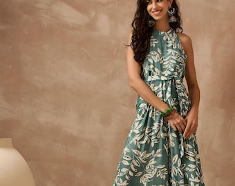 Mouwloze jumpsuit met halternek en bloemenprint voor dames, Indiase jumpsuit, Indiase eendelige jurk, indo-westerse outfit, fusion-outfit