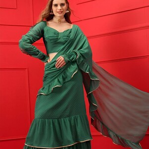 Ready To Wear Saree, Crop Top & Skirt With Attached Dupatta Co-ord Set