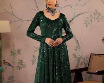 Long Sleeves Sequin Anarkali Kurta For Women, Indian Dress For Women, Indo Western Outfit, Indian Gown Dress For Women, Wedding Guest Outfit