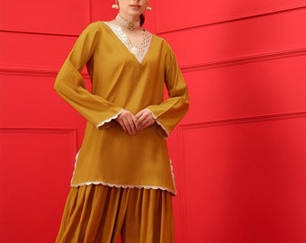 Rechte Kurta met Patiala-stijl, broek voor dames, tuniek met palazzo, Indiase jurk, feestkleding Indo-westerse outfit, Kurti-set