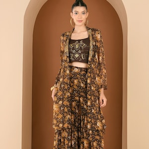 Embellished Crop Top With Palazzo & Shrug Set For Women, Indian Dress, Ethnic Indo Western Outfit, Coords Set, Wedding Guest Outfit