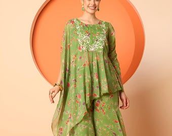Ensemble coordonné haut palazzo orné et imprimé pour femme, ensemble haut palazzo, tenue indo-occidentale, robe indienne ethnique, tenues de mariage