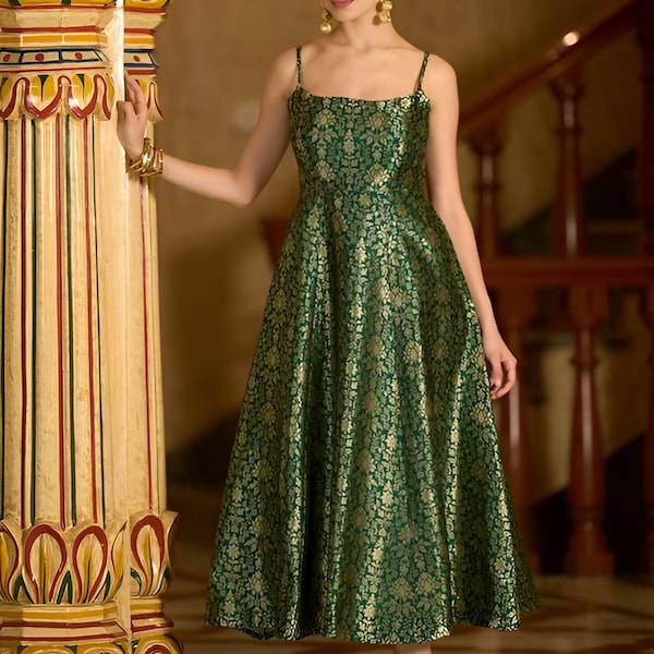 Ethnic Motifs Jacquard Backless Fit & Flare Midi Dress For Women, Sleeveless Indian Dress, Fusion Wedding Guest Indo Western Outfit