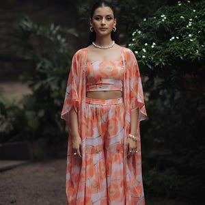 Floral Printed Crop Top With Palazzo & Shrug Set For Women, Indian Dress, Ethnic Indo Western Outfit, Coords Set, Wedding Guest Outfit