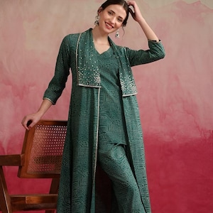 Printed Kurti With Trousers & Shrug Co-Ords Set For Women, Tunic with Palazzo Jacket Set, Indo Western Outfit, Ethnic Indian Dress