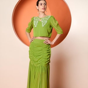 Embellished Crop Top & Draped Skirt Set For Women, Indian Top with Dhoti Skirt Set, Ethnic Indo Western Outfit, Fusion Coords