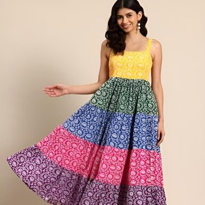 Ethnic Motifs Printed Smocked Fit & Flare Midi Dress For Women, Indian Dress For Women, Indo Western Outfit, Pure Cotton Dress For Women