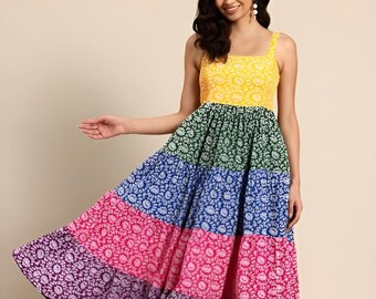 Ethnic Motifs Printed Smocked Fit & Flare Midi Dress For Women, Indian Dress For Women, Indo Western Outfit, Pure Cotton Dress For Women