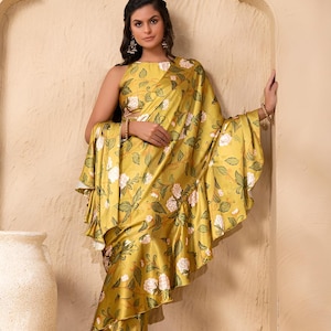 Bereit zum Tragen von Saree, Crop Top & Rock mit angebrachtem Dupatta Co-ord Set, ethnischem Indo Western Outfit, Lehenga Choli, vorgenähter Saree