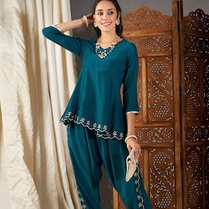 Embroidered Peplum Kurta With Dhoti Pants For Women, Tunic With Palazzo, Indian Dress, Party Wear Indo Western Outfit, Dhoti Kurta Set