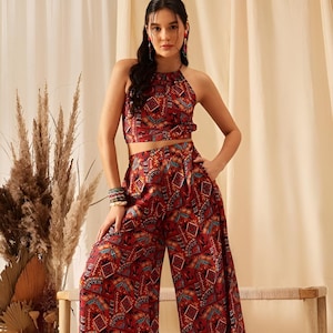 Abstrakcyjny, drukowany krótki top z kompletem palazzo dla kobiet w stylu boho chic, zestaw na festiwal, strój etniczny w stylu indyjskim