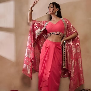Crop Top With Drape Skirt and Shrug Set for Women, Coord Set, Festive Outfit Ethnic Indian Dress, Wedding Guest Indo Western Outfit