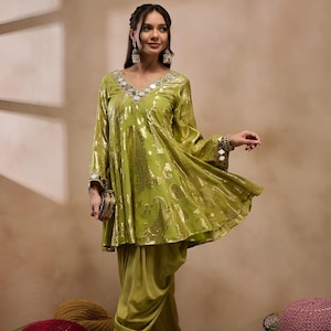 Floral Woven Mirror Work Kurti with Dhoti Pants For Women, Tunic With Palazzo, Indian Dress, Party Indo Western Outfit, Dhoti Kurta Set