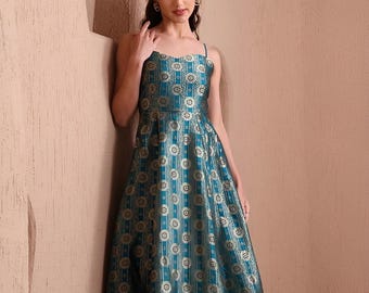Ethnic Motifs Jacquard Backless Fit & Flare Midi Dress For Women, Sleeveless Indian Dress, Indo Western Outfit, Fusion Wedding Guest Outfit