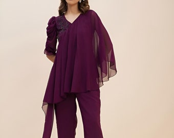 Verfraaid topje met palazzo-set voor dames, coördinaatset, festivaloutfit, etnisch-Indiase jurk, feest Indo-westerse outfit, kaftan Kurti-set