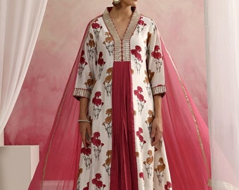 Anarkali Kurta met bloemenprint en pailletten met palazzo en dupatta voor dames, Indiase jurk, feestkleding Indiase outfit, Kurti-set, Indiase kostuumset