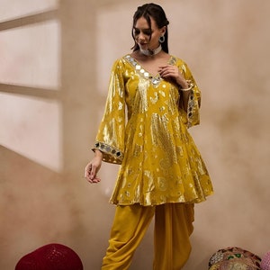 Floral Woven Mirror Work Kurti with Dhoti Pants For Women, Tunic With Palazzo, Indian Dress, Party Indo Western Outfit, Dhoti Kurta Set