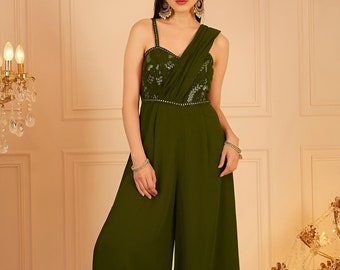 Bestickter Overall mit angenähter Dupatta für Frauen, indischer Overall, indisches einteiliges Kleid, Indo Western Outfit, Hochzeitsgast Outfit