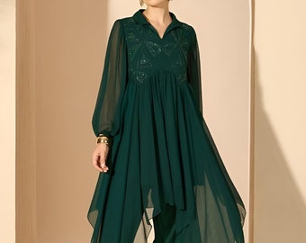 Green Embellished Tunic & Trousers for Women, Coord Set, Festive Outfit, Ethnic Indian Dress, Party Indo Western Outfit, Wedding Kurti Set