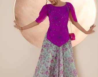 Versierde top met palazzo-set voor dames, coördinaatset, festivaloutfit, etnisch-Indiase jurk, indo-westerse outfit, feestkleding fusion-outfit