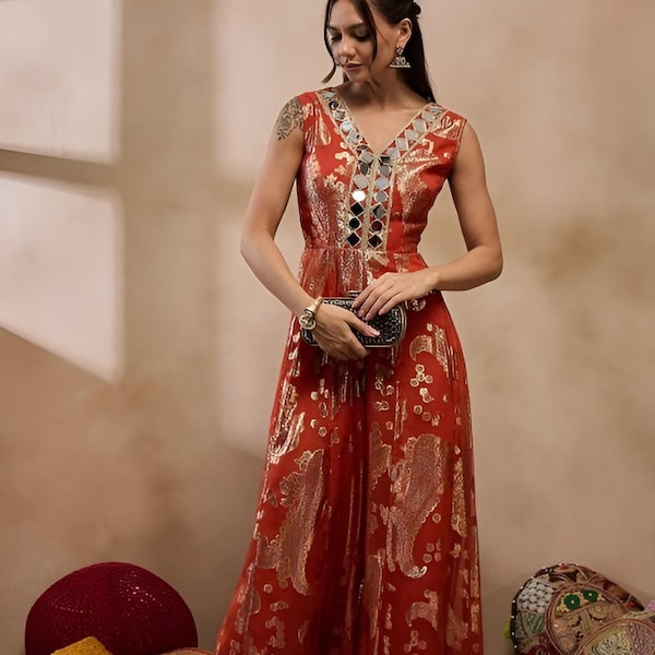 Rust Printed Mirror Work Kalidar Jumpsuit For Women, Indian Jumpsuit, Indian One Piece Dress, Indo Western Outfit, Wedding Guest Outfit