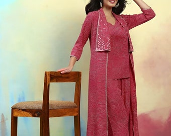 Conjunto de kurti estampado con pantalones y encogimiento de hombros para mujer, conjunto de túnica con chaqueta palazzo, atuendo indo occidental, vestido étnico indio