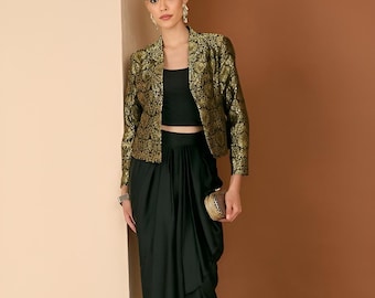 2-Pcs Noctched Lapel Collar Jacket & Skirt Set For Women, Wedding Guest Outfit, Ethnic Indo Western Outfit, Fusion Coord Set