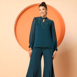 Verschönertes Stehkragen Top mit Palazzo Set für Frauen, Coord Set, Indo Western Outfit, ethnisches indisches Kleid, Hochzeitsgast Outfit