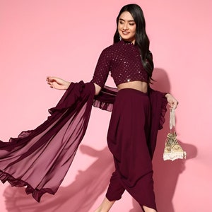 Sequin Crop Top With Dhoti Pants & Ruffled Dupatta Set, Ethnic Indo Western Outfit, Ready To Wear Dhoti Saree, Indian Wedding Outfit