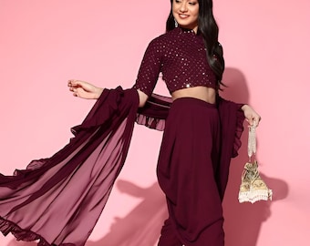 Sequin Crop Top With Dhoti Pants & Ruffled Dupatta Set, Ethnic Indo Western Outfit, Ready To Wear Dhoti Saree, Indian Wedding Outfit