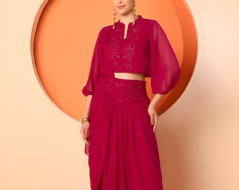 Embellished Crop Top & Draped Skirt Set For Women, Indian Top with Dhoti Skirt Set, Ethnic Indo Western Outfit, Fusion Wedding Guest Outfit