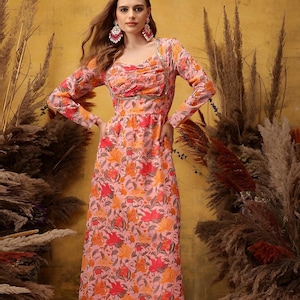 Floral Printed Maxi Ethnic Dress For Women, Indian Dress For Women, Indo Western Outfit, Maxi Dress For Women
