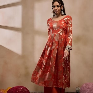 Woven Pleated Mirror Work Jacquard Anarkali Kurta With Palazzo, Indian Dress, Wedding Guest Party Wear Indo Western Outfit, Palazzo Suit Set