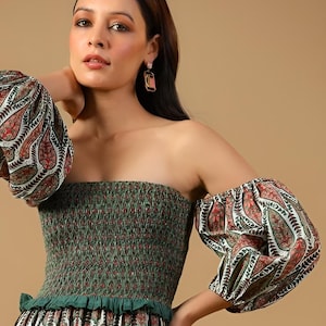 Printed Cotton Tier Off Shoulder Maxi Ethnic Midi Dress For Women, Indian Dress For Women, Indo Western Outfit, Pure Cotton Dress For Women
