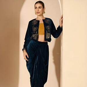 Teal Embellished Jacket With Draped Skirt Set For Women, Indian Jacket with Dhoti Skirt Set, Ethnic Indo Western Outfit, Fusion Co ord Set