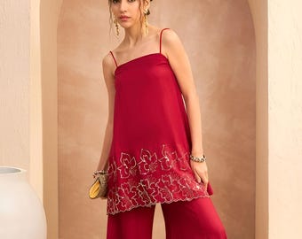 Floral Sequin Embroidered A-Line Kurti with Palazzo For Women, Co-Ords Set, Indo Western Outfit, Ethnic Indian Dress, Fusion Suit Set