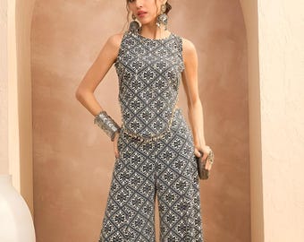 Ensemble haut court imprimé ethnique avec tenue palazzo indo western pour femme, ensemble coordonné pour tenues de soirée, robe indienne fusion, tenue d'invité de mariage