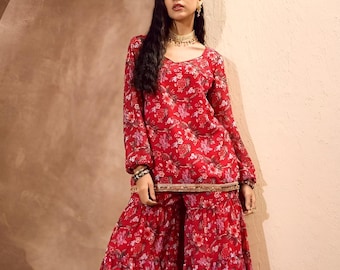 女性用シャララ付き長袖花柄プリントクルタ、コーディネートセット、インドウエスタン衣装、エスニックインドドレス、フュージョンクルティスーツセット