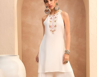 Floral Sequin Embroidered Kurti with Palazzo For Women, Co-Ords Set, Indo Western Outfit, Ethnic Indian Dress, Fusion Suit Set