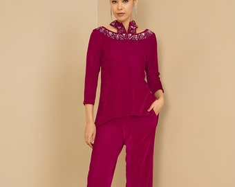 Verfraaide fluwelen top met halternek en broek voor dames, tuniek met palazzo, Indiase jurk, feestkleding Indo-westerse outfit, Kurti-set