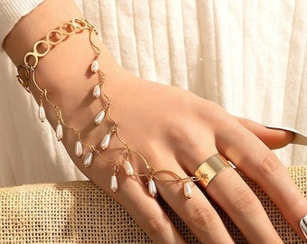 Bracelet en or pour femmes avec bague, bracelet avec bague attachée, bijoux indiens, bracelet perle, ensemble de bague bracelet en or